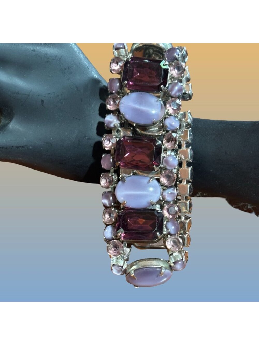 Purple Glass Lavender Moonstone Rhinestone Wide Statement Bracelet Vintage